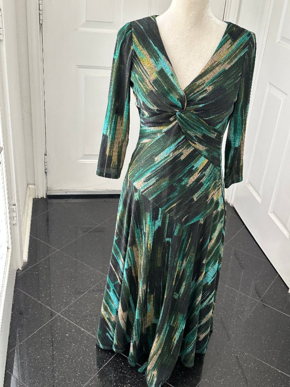 Rabbit Rabbit Green Teal Knot V Neck Maxi Dress Size 8 Lined